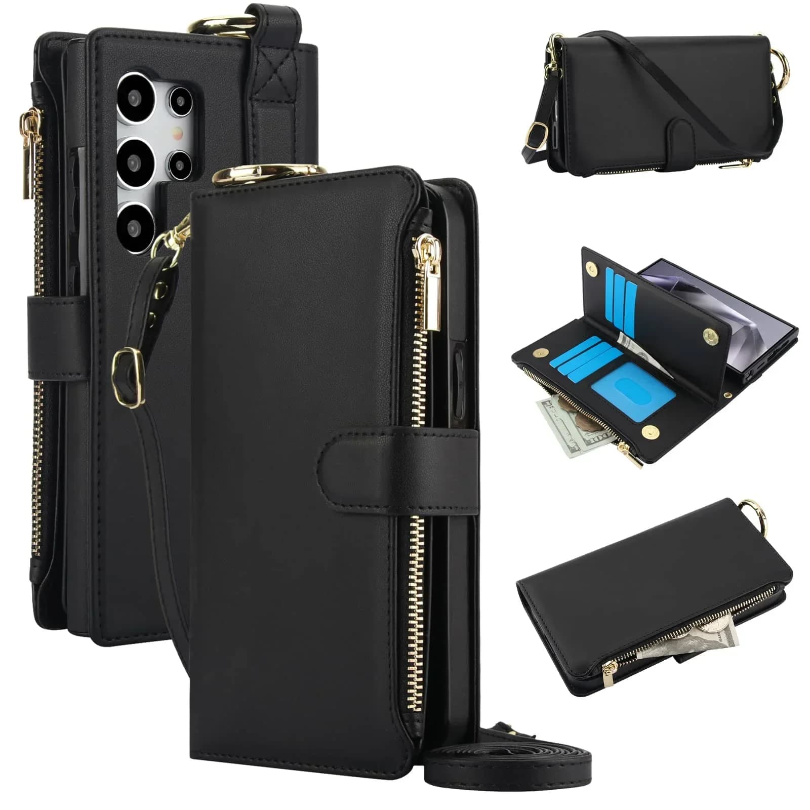 Custodia a portafoglio con cerniera per Samsung Galaxy S24/S23/S22/S21 Ultra Note 20 Ultra, porta carte di credito con blocco RFID, cover a libro.