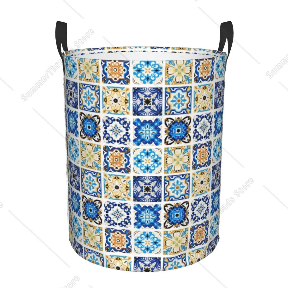 Piastrelle a mosaico blu Cesto per la biancheria arabesco marocchino Cesto per vestiti geometrico antico per borsa per giocattoli per bambini