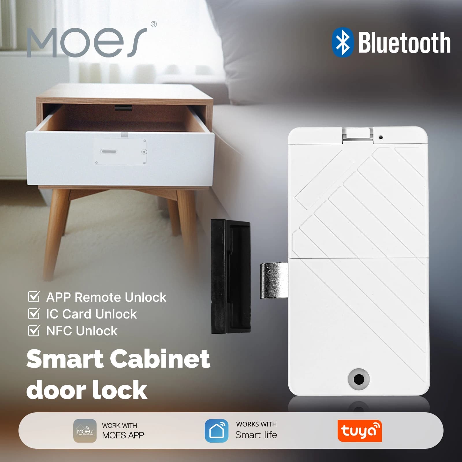 MOES Smart Bluetooth Electronic Cabinet Lock, NFC IC Card Keyless Unlock App Control Drawer Locker Lock for Household Storage