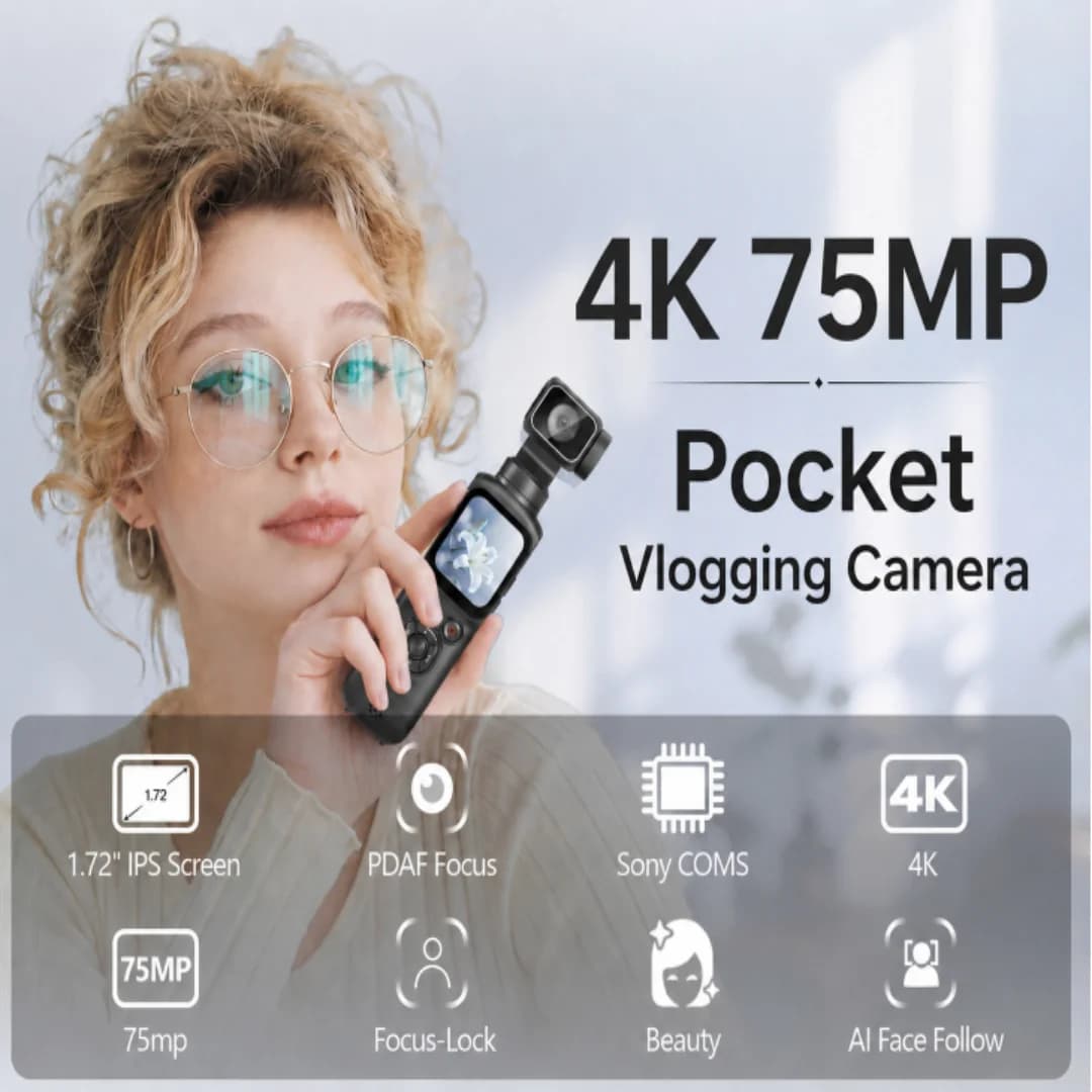 Svnouh HJD-05 Videocamera d'Azione 4K 330 ° Stabilizzatore Gimbal con Tracciamento del Viso, 75MP Pixel, Funzione WiFi, Fotocamera Gimbal Tascabile per Vlog