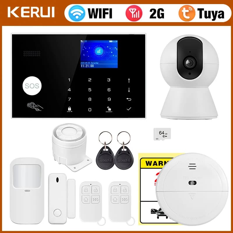 KERUI WIFI GSM Sistema di Allarme Sistema di Allarme di Sicurezza Antifurto Domestico Senza Fili Tuya APP Sirena di Controllo Rilevatore di Movimento Sensore di Fumo PIR