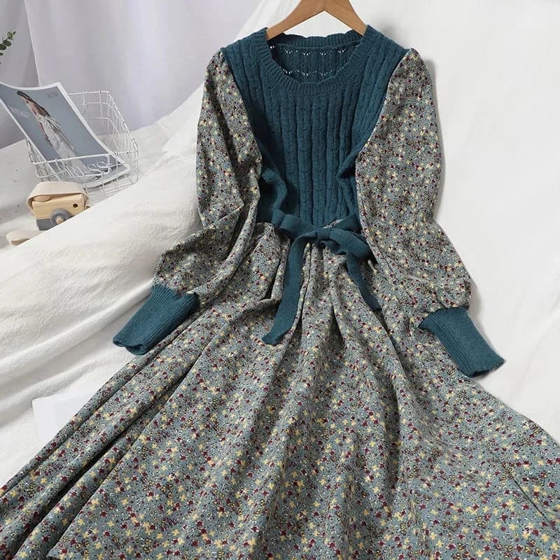 2026 Autumn Winter New Korean Patchwork Bandage Long Sleeved Knitted Dress Women's Fashion Slim Sweet Corduroy Flower Dresses