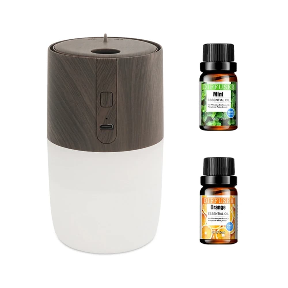 Diffusore di aromaterapia ad ultrasuoni da 300 ml con design a venature del legno, luci LED a 7 colori, umidificatore, purificatore, include 2 Essentia