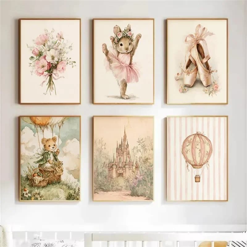 1pc frameless Canvas Painting Watercolor Storybook Fantasy Castle Rabbit B-Ballerina Nursery Cartoon Poster Canvas Painting Wall