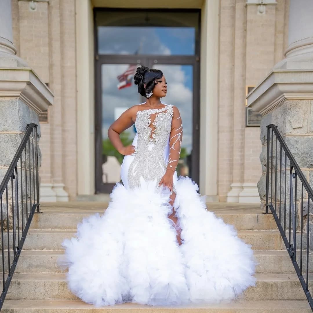 Customized Sheer Neck Sparkly Beads Crystals High Split Wedding Dress Vestido De Casamento Full Sleeve Tiers Tulle Bridal Gown