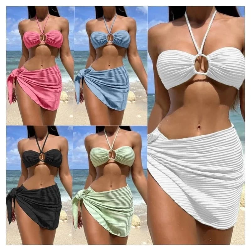 High Range Sexy Triangular Bathroom Costume for Sea Holidays, White and Red Fashion Bikinis, Three Pieces Set