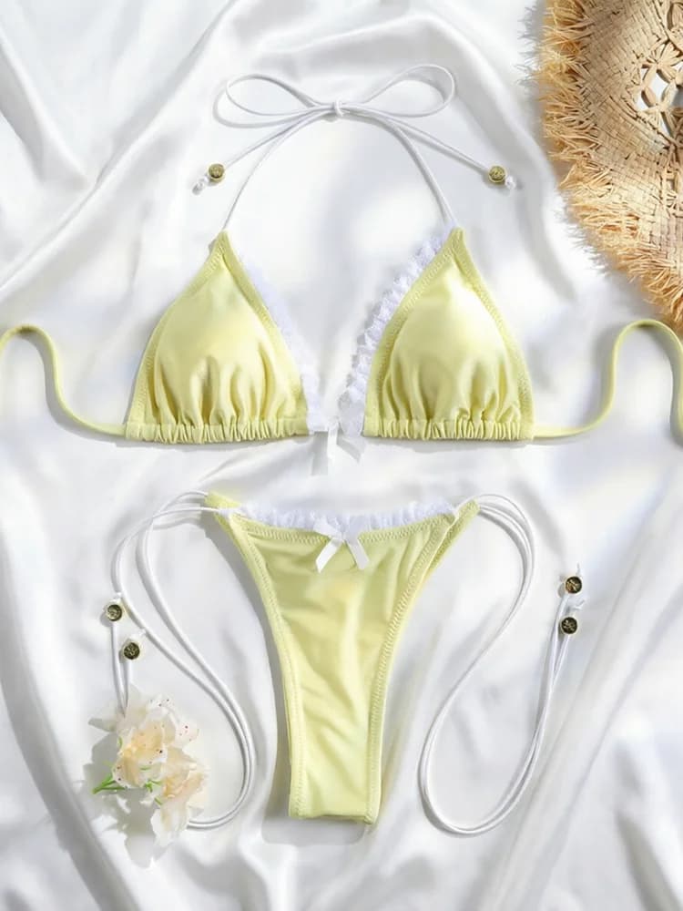 Rinabe Yellow Bikini Triangle Swimwear Bandage Bikinis High Cut Swimsuits String Swimsuit Halter Swimsuits Two-Piece Beachwear
