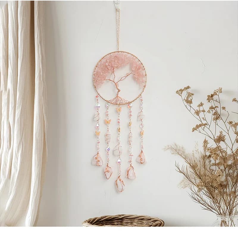 Crystal Pink Quartz Sun Catcher Gems Natural Stone Chakra Tree Of Life Suncatcher Dream Catchers Hanging Healing Decor Room Gift