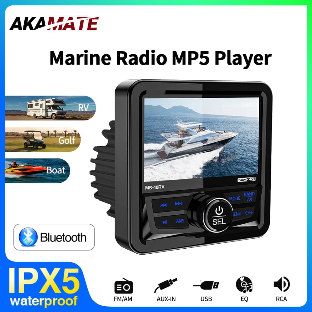 MP5 Marine Radio Stereo Quadrato Barca Altoparlante FM AM Antenna Impermeabile IPX5 Lettore Multimediale Bluetooth per RV ATV UTV SPA RZR