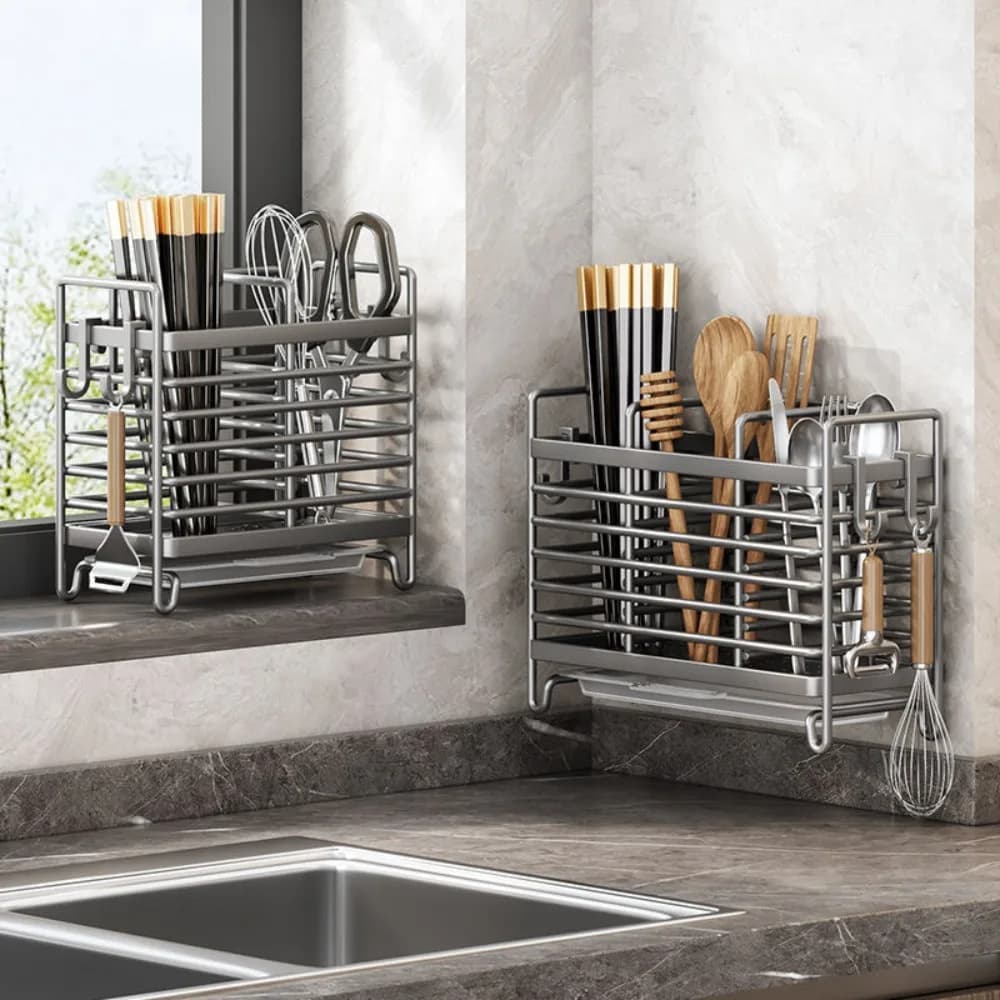 Stainless Steel Holder Anti-rust with Hooks, Space Organizer for Bacchette with Drainage Tray