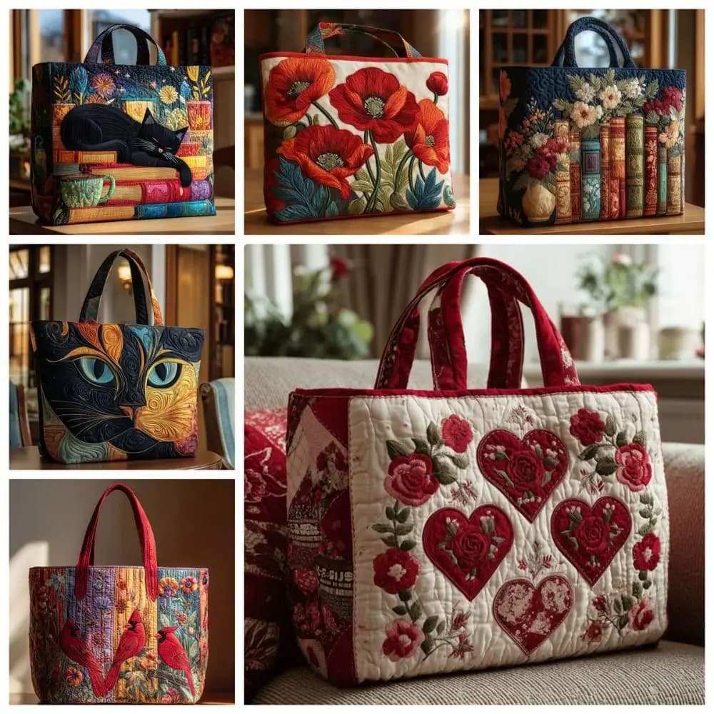 Nuova Borsa Tote Trapuntata con Motivo Gatto, Borsa a Spalla Morbida con Stampa Floreale, Borsa a Spalla 3D Resistente