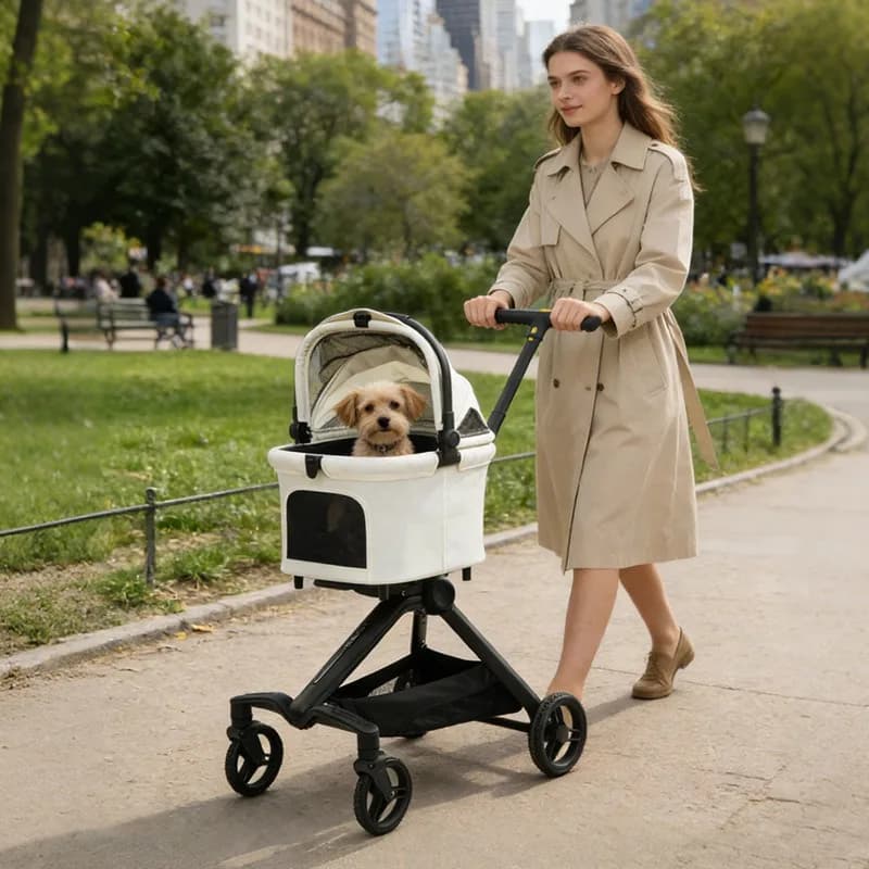 Outdoor Pet Stroller Foldable Puppy Stroller High View Breathable Dog Trolley Reversible Carry Basket Walking Carrier Pets Cart