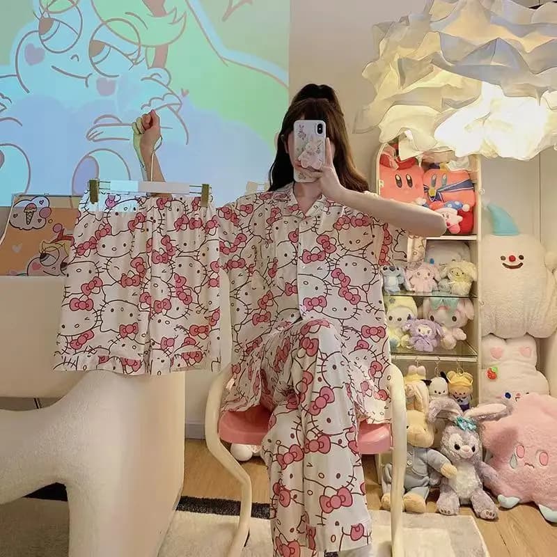 Set di 3 Pigiami Corti Sanrio Hello Kitty, Abbigliamento da Notte Kawaii KT Cat, Vestiti Corti per Ragazze, Regali di Compleanno