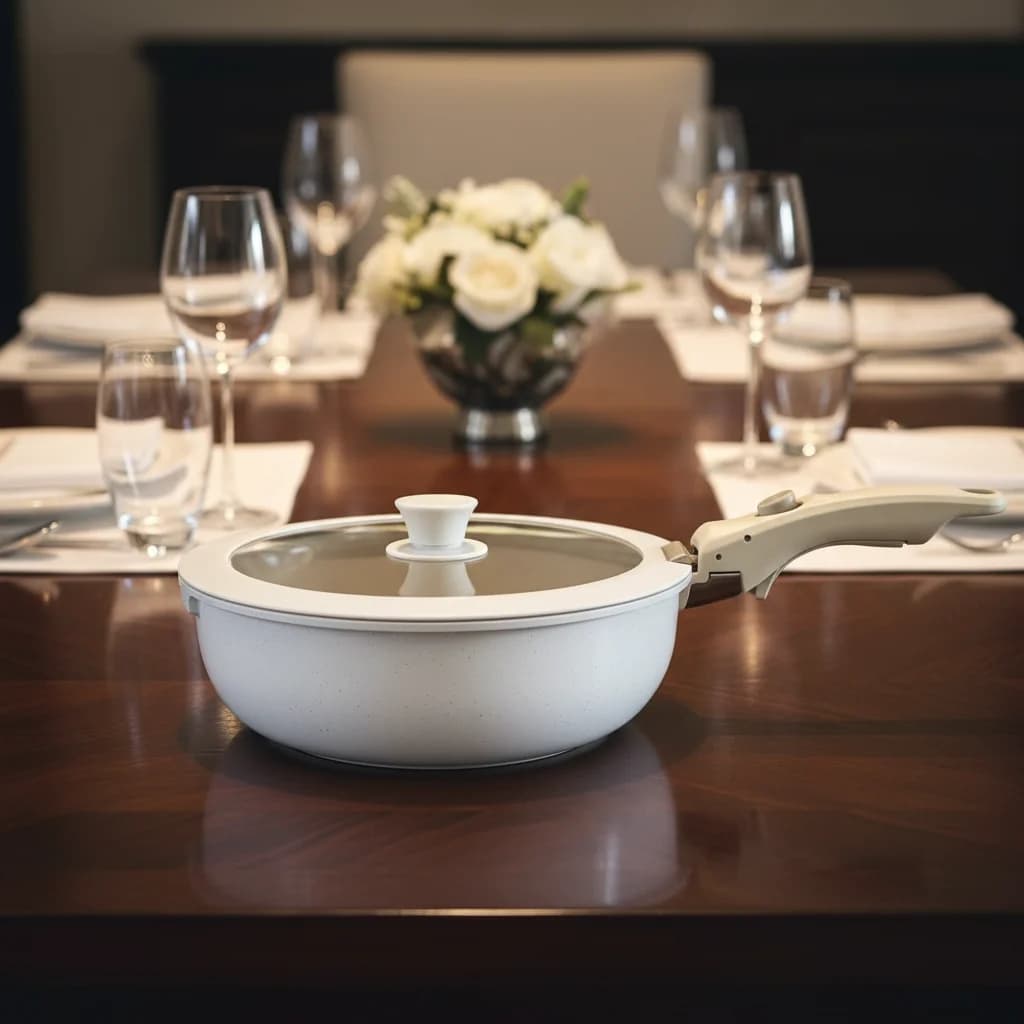 Set di Pentole da Cucina Moderno in Marmo Beige, Ecologico e Sano, Padella e Pentolino in Alluminio, Acciaio Inox e Silicone