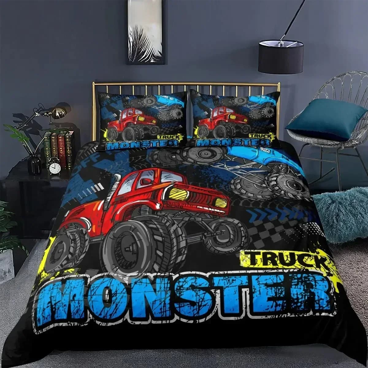 Set di Biancheria da Letto con Stampa 3D di Monster Truck per Ragazzi e Ragazze, Copripiumino e Federe per Letto Singolo e Matrimoniale, Tessile per la Casa alla Moda per Bambini e Adulti