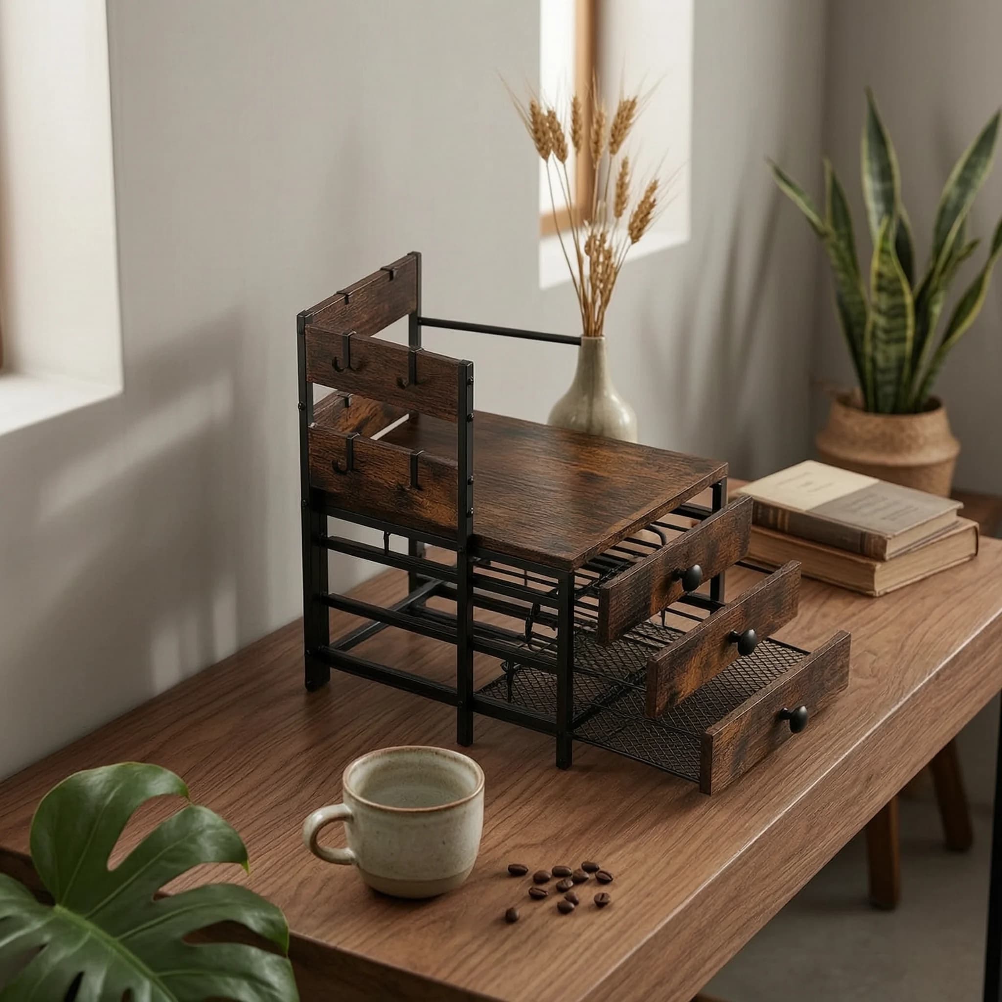 Coffee Bar Shelf with Drawers Rustic Coffee Station Organizer with Drawer Mug Holder Sturdy Furniture Multifunctional