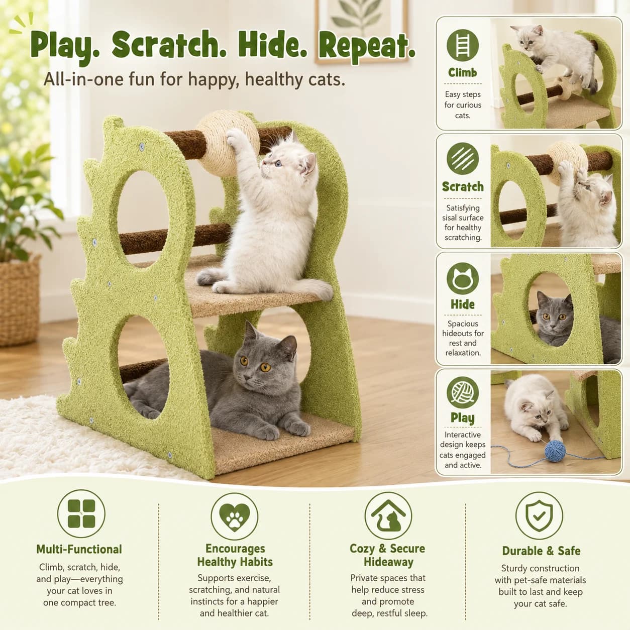 Two Level Indoor Cat Tree with Cozy Resting Platforms and Rotating Sisal Scratching Ball