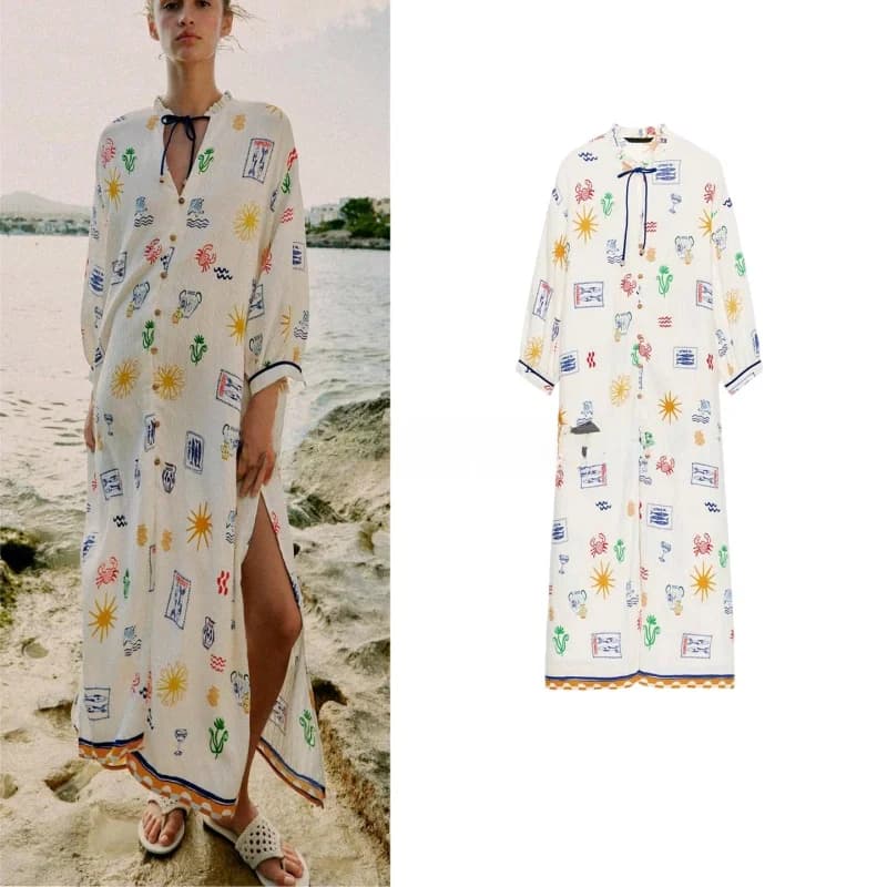 Summer New Women's Long Sleeve Gown Style Dress Side Slit Printed Loose Fit V Neck Holiday Vibes Polyester Fabric Fairy Skirt
