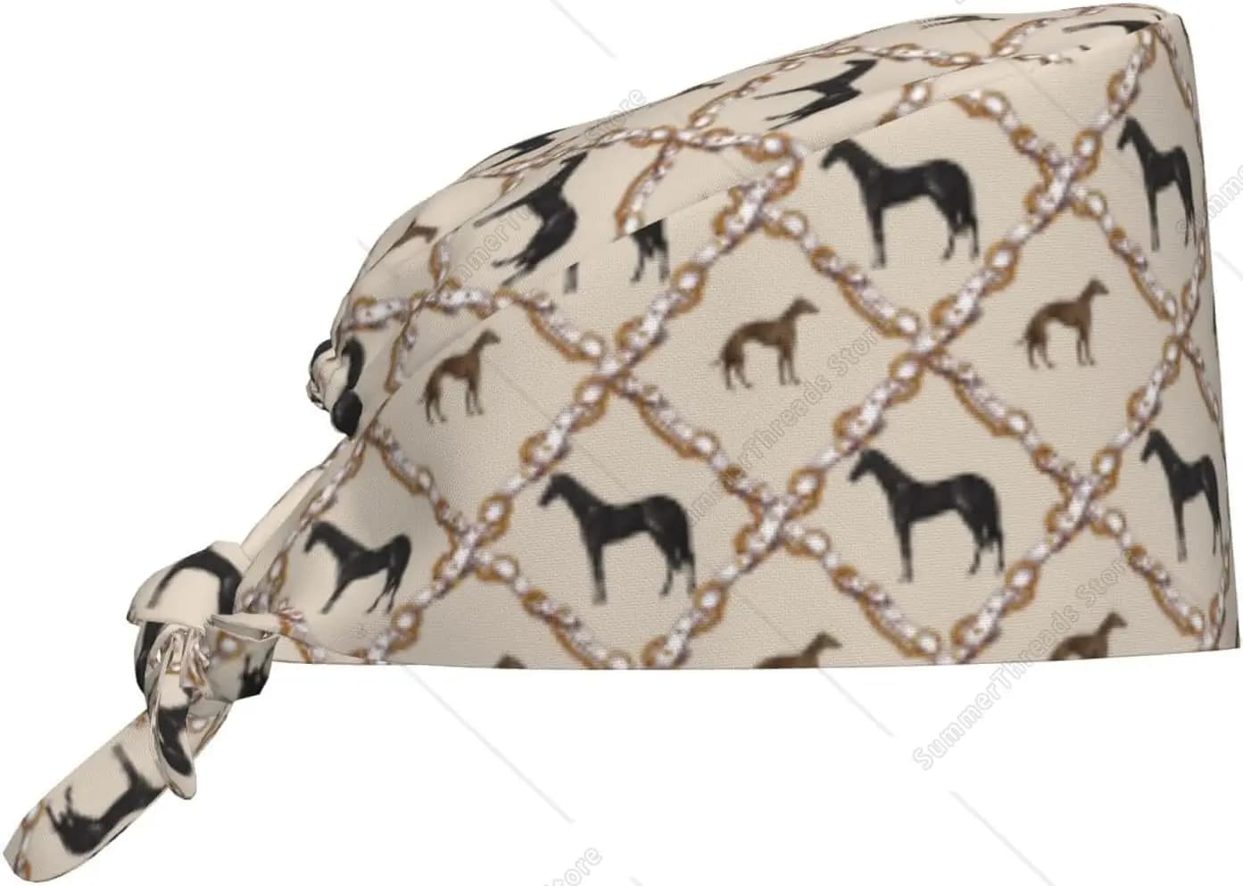 Scrub Caps Donna Uomo Cartoon Cool Cavallo Caccia Cane Lavoro Infermiera Cappelli dentali Coda di cavallo Scrub Cap Nero