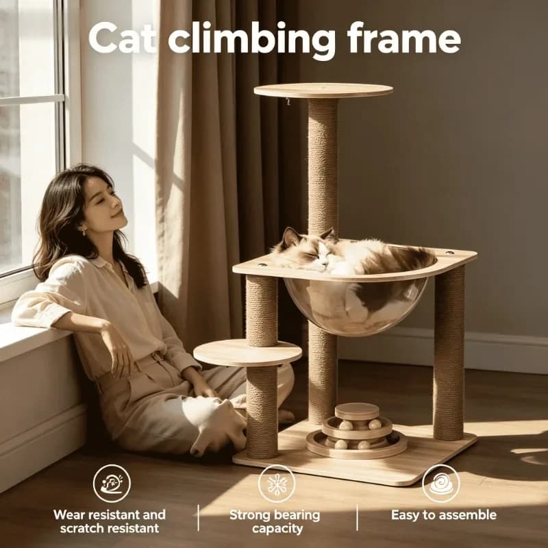 Compact Cat Condo with Scratching Post Cozy Hideaway Space-Saving Cat Tree Shelf for Apartment Living Room Cat Toys Space Capsul