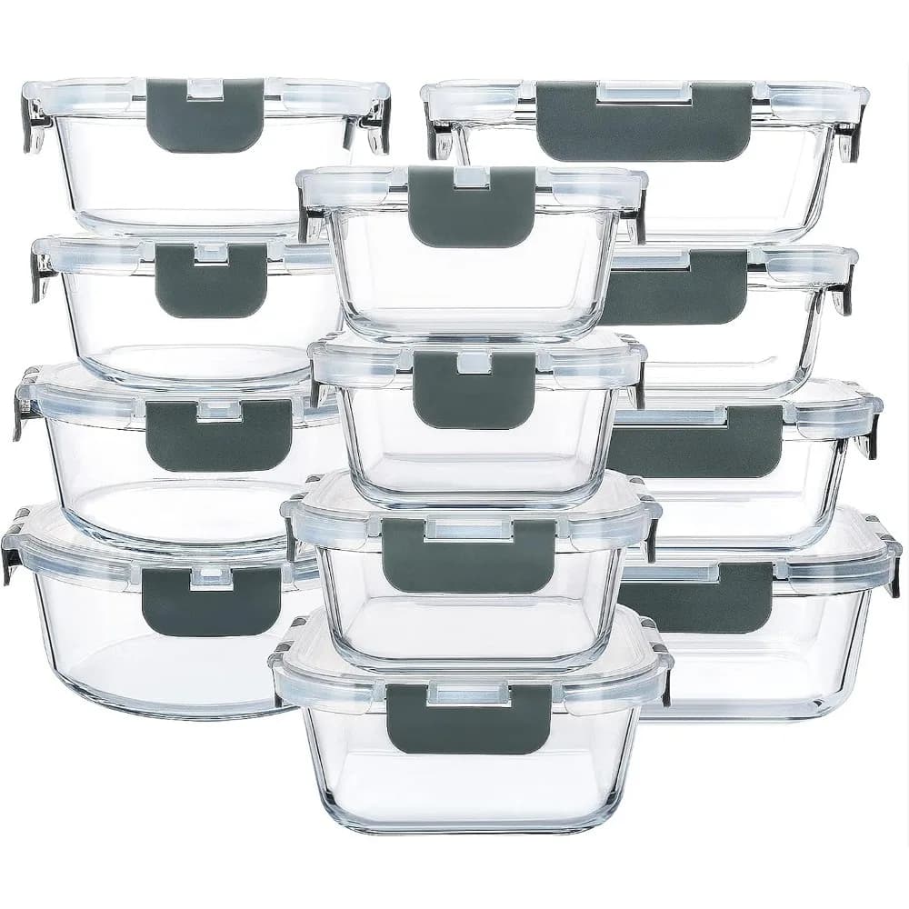 Set di 24 Contenitori in Vetro per Alimenti con Coperchi Ermetici a Chiusura Rapida, Adatti per Preparazione Pasti, Microonde, Forno, Congelatore e Lavastoviglie