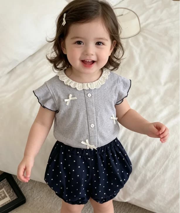 Completo per Bambine Primavera-Estate 2026, Nuovo Abbigliamento per Bambini in Stile Coreano, Top con Colletto in Pizzo e Pantaloncini a Pois, Set Due Pezzi