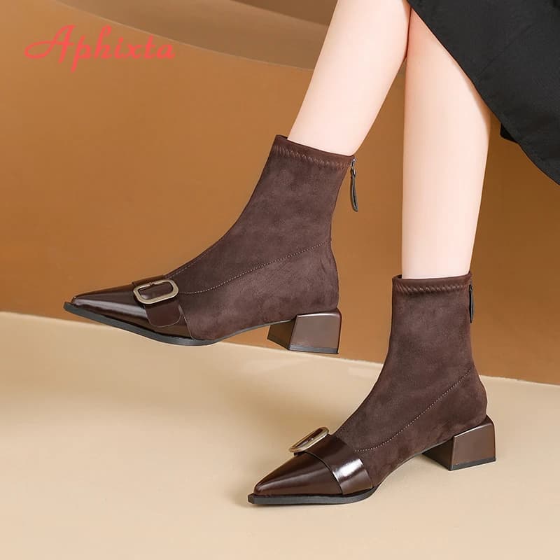 Aphixta Punta a punta Stivaletti da donna sexy 4.5 cm Tacchi medi Scarpe da donna Bottone quadrato Moda Donna Stivali Scarpe Taglia 42 Calzature