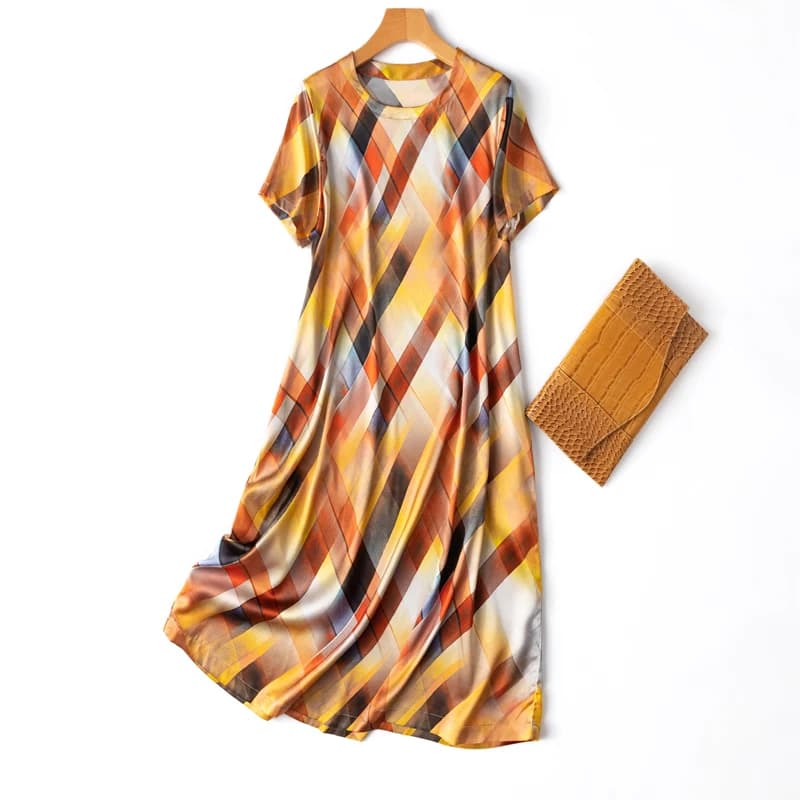 Abito da donna 93% seta di gelso 7% spandex 19 Momme, stampato a quadri colorati, a maniche corte, con cintura, lungo, per l'ufficio MM294