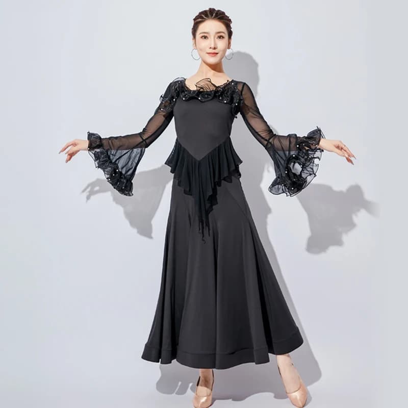 Abiti lunghi da ballo standard neri Abiti da ballo da donna con maniche svasate Abito da ballo moderno Valzer Abiti da ballo per spettacoli teatrali VDL3323