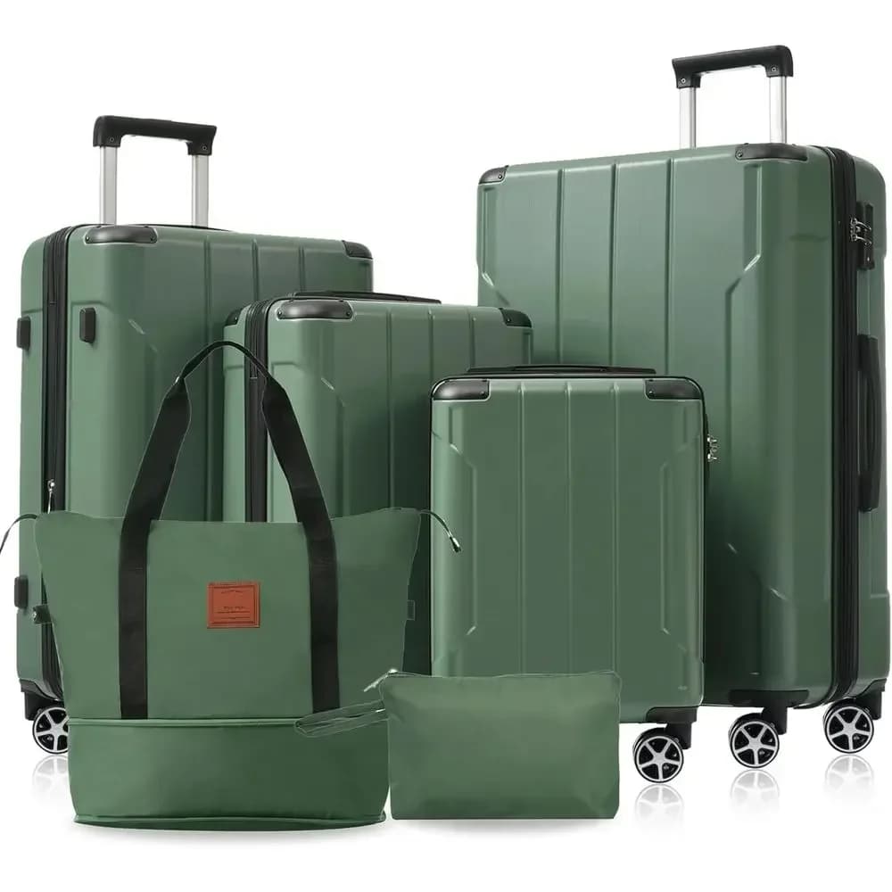 Set di 6 Valigie Espandibili con Guscio Rigido, Ruote Doppie, Serratura TSA, Adatte per Uomini e Donne, Verde
