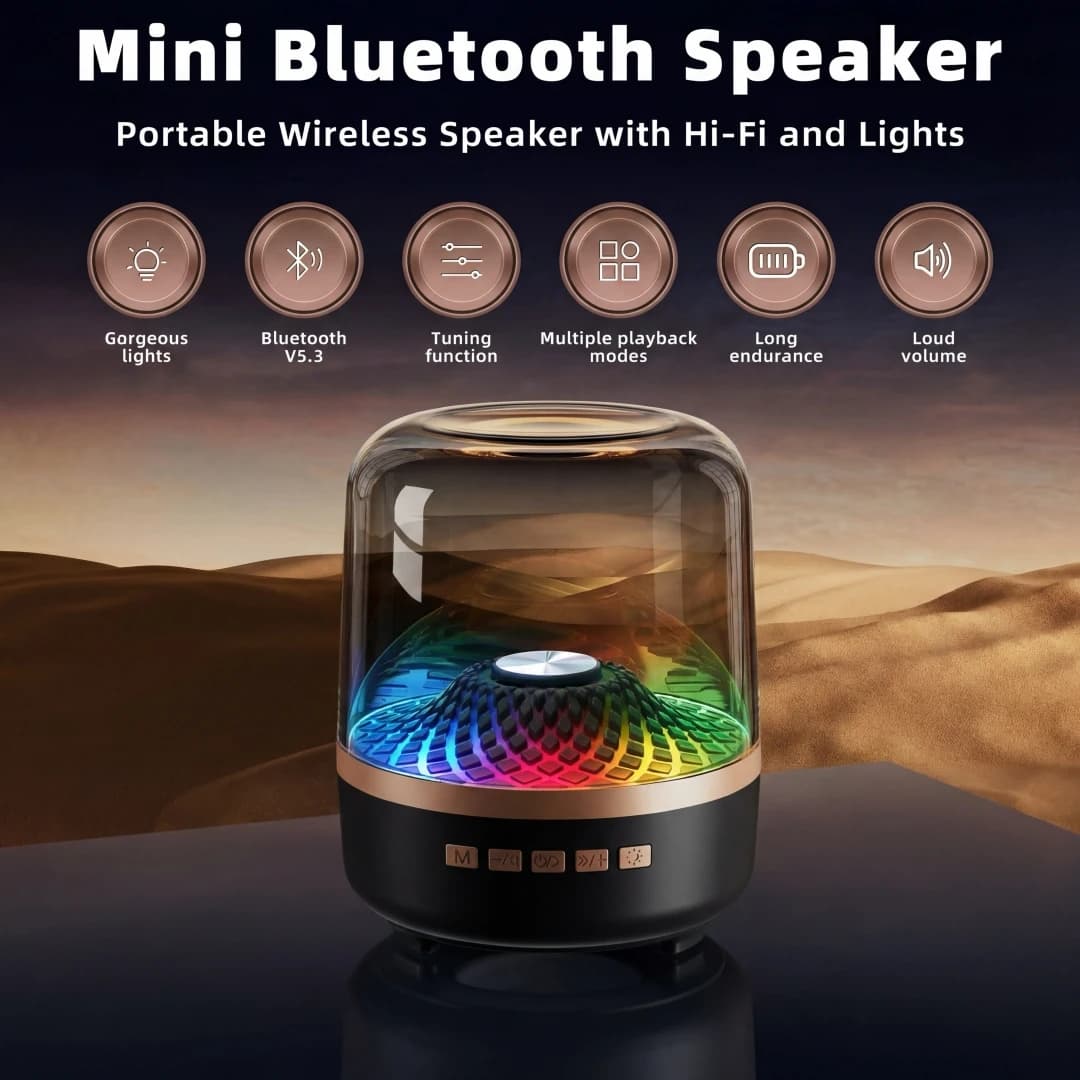 Altoparlante Bluetooth Portatile Trasparente con Luce RGB, Bassi Stereo, Bluetooth 5.3, Accoppiamento TWS, Ingresso Scheda TF/USB e AUX per Esterni, Idea Regalo