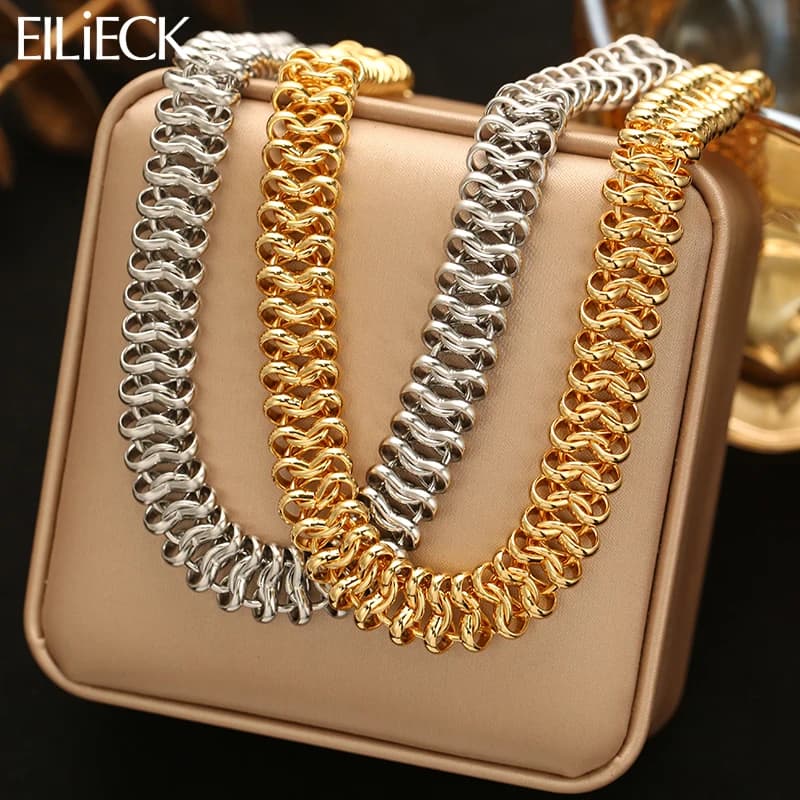 EILIECK 316L Stainless Steel Gold Silver Color Thick Chunky Chain Necklace For Women Hip-Hop Punk Collar Neck Chain Jewelry