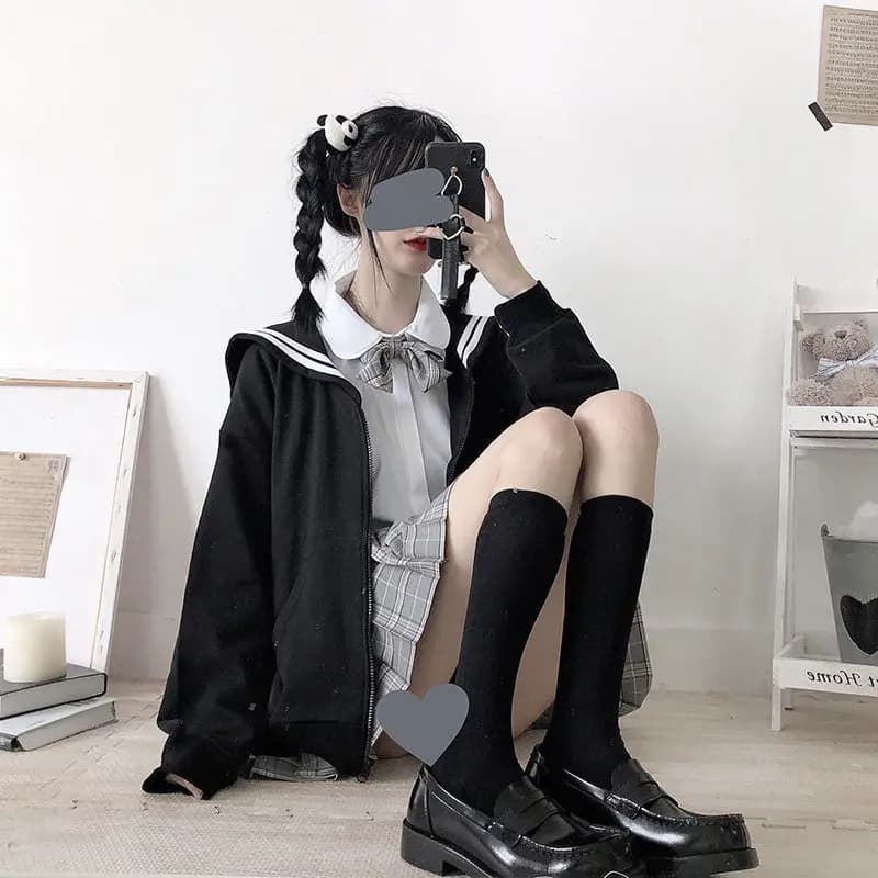 Felpa con cappuccio con zip stile preppy giapponese Kawaii Felpa con colletto alla marinara nera Cappotto dolce Lolita Top carino allentato estetico per ragazza morbida
