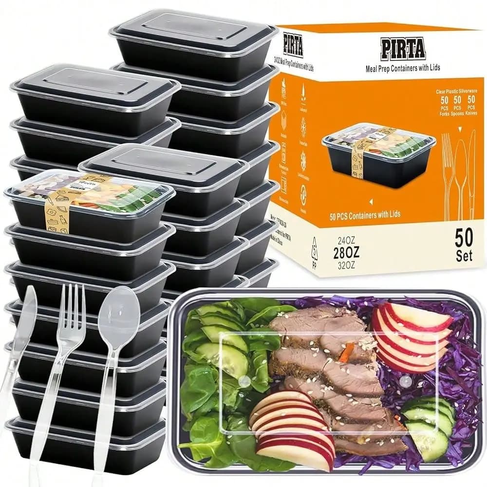 Confezione da 250 Pezzi Contenitori per Alimenti da 28 Oz Riutilizzabili con Coperchi, Set di Posate in Plastica Trasparente, Ermetici, Adatti per Microonde e Congelatore