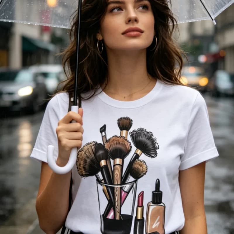 Summer crew neck t-shirt with brush makeup graphics, white, simple, casual, pretty, short sleeves, new women clothing collection 2026