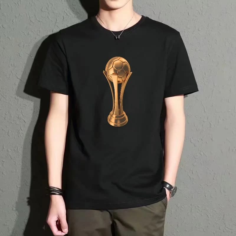 Men's Black Round-Neck Short-Sleeved T-Shirt with Gold Football Trophy Print, Casual Sports Style Top, Comfortable, Breathable, Versatile and Trendy for Everyday Wear