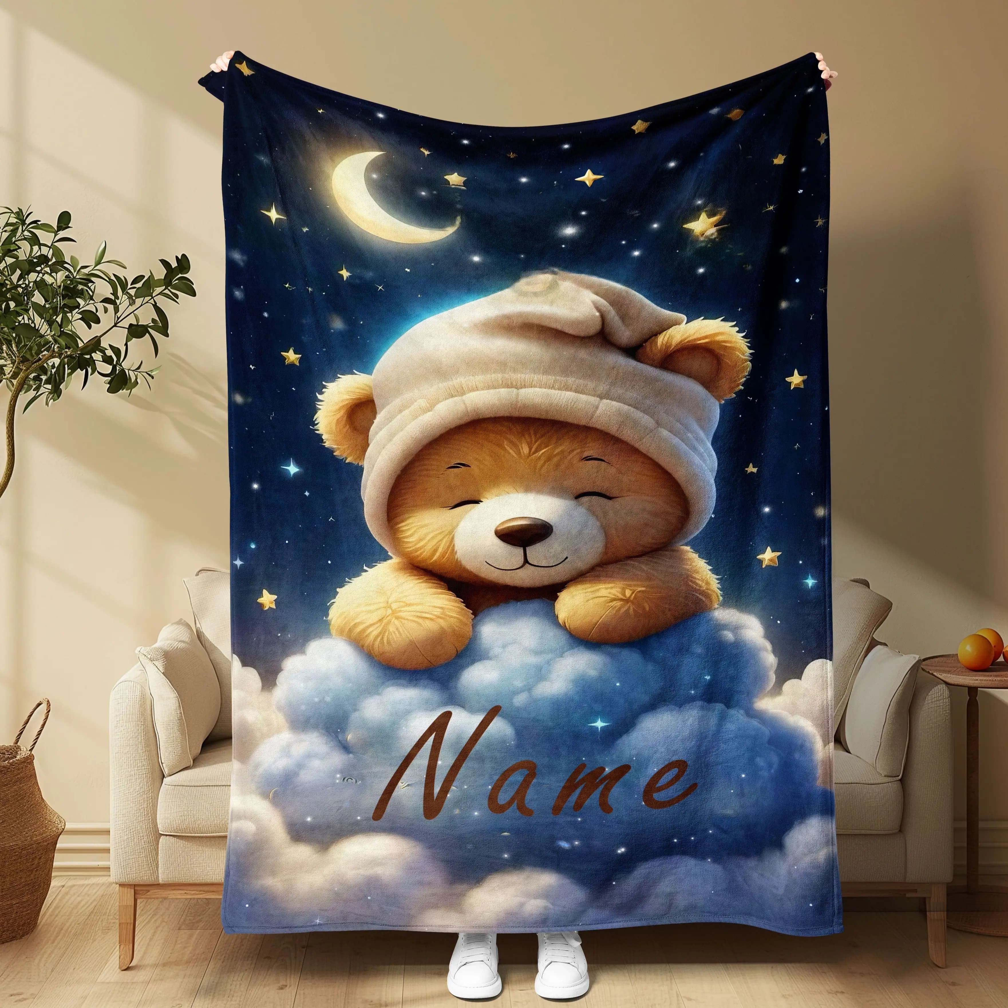 1 coperta con orsacchiotto con nome personalizzabile, flanella moderna, morbida e calda, stampa digitale, solo pulizia a secco