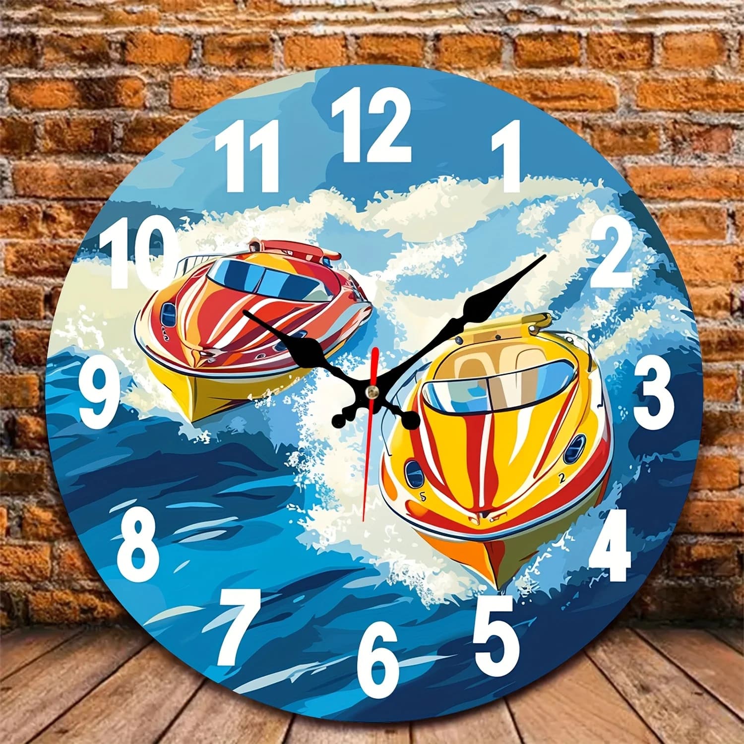 1pc motorboats on waves decoration wall clock, 10" wooden round wall clock with digital display, battery wall clocks,
