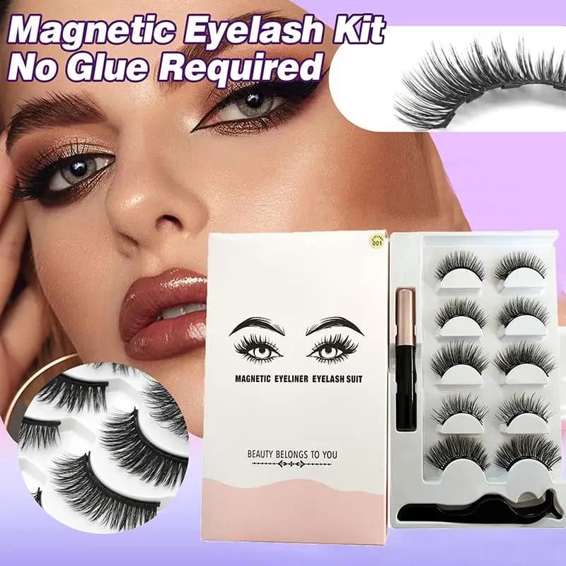 Set di 5 Paia di Ciglia Magnetiche con Eyeliner e Pinzette, Ciglia Finte 3D Naturali Ricurve in Visone Riutilizzabili, Senza Colla, Facili da Applicare