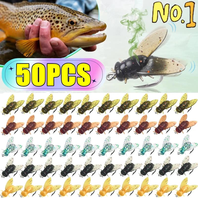 Nuovo 50PCS PVC Mosche per la pesca a mosca Mini Bionic Gomma morbida Esche da pesca a mosca Realistiche Mosche Insetti Esche Ganci Accessori per la pesca