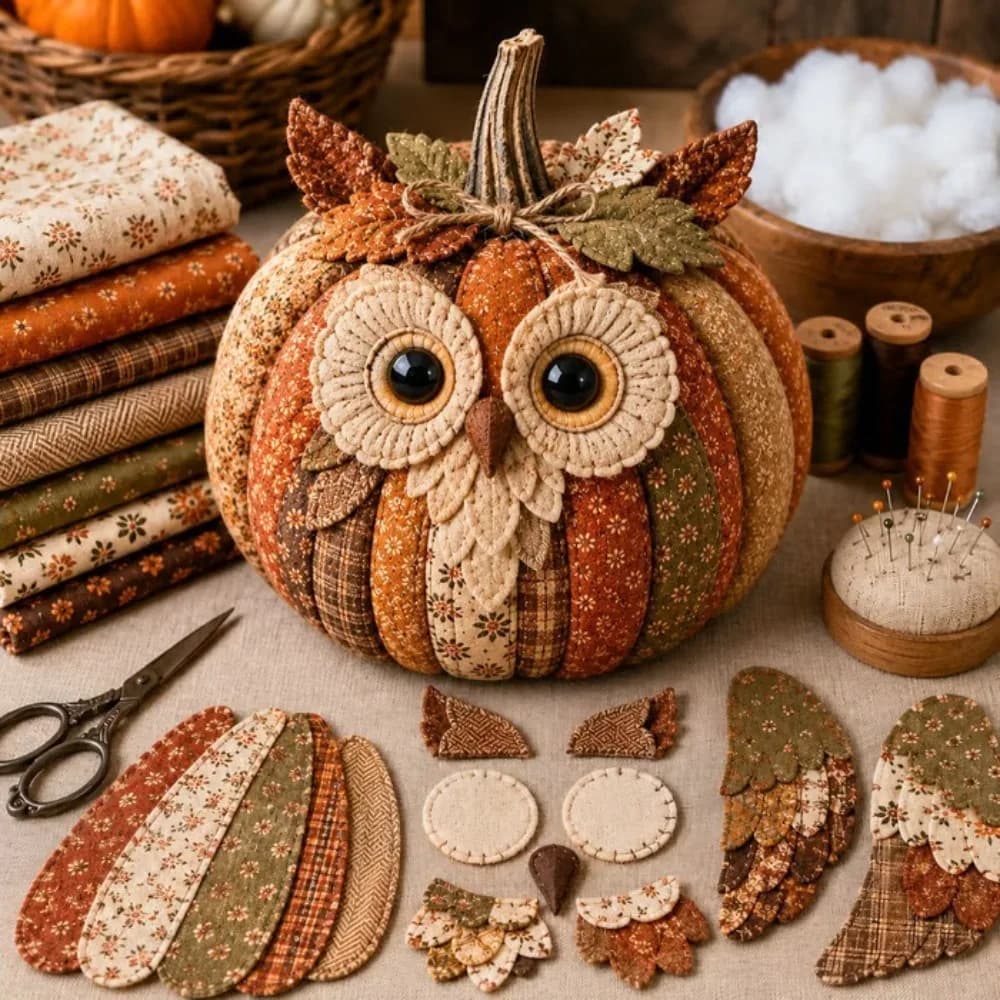 Vintage Style Whimsical Patchwork Pumpkin Fabric Kit Cow Cat Floral Fabric Halloween DIY Sewing Kit Stress Craft Owl Bear