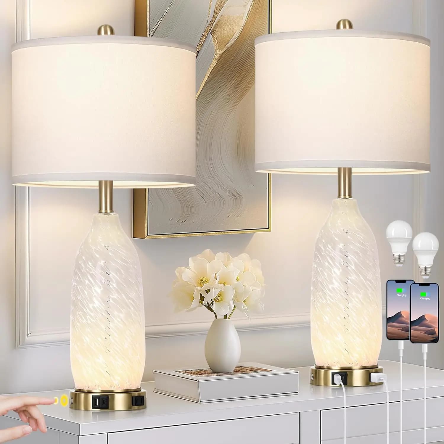 Lampade da tavolo moderne in vetro da 26' Set di 2 con presa USB e CA, luce notturna dimmerabile con controllo touch per soggiorno camera da letto (lampadine