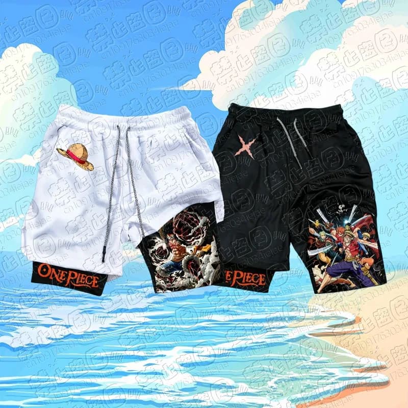 Pantaloncini stampati One Piece Luffy 2026 da uomo, estivi, ad asciugatura rapida, a doppio strato 2-in-1, abbigliamento cosplay comodo e traspirante