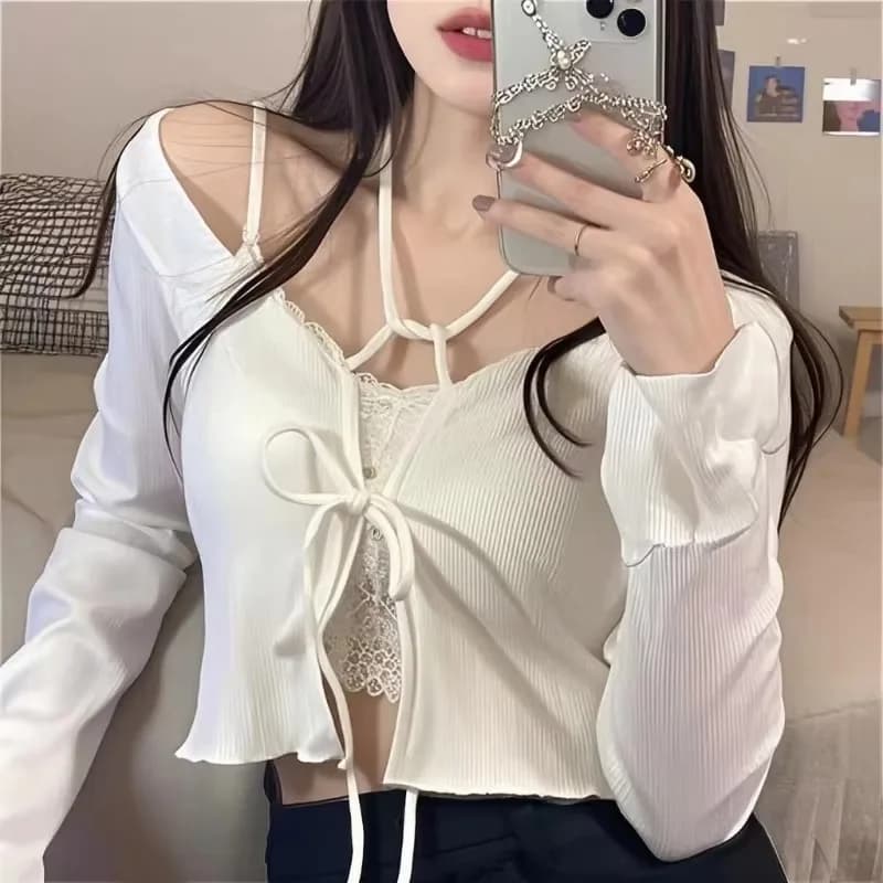 Cardigan knitted white woman summer slim sun protection with laces knitwear top coat nice with sleeves ribbed Korean style female
