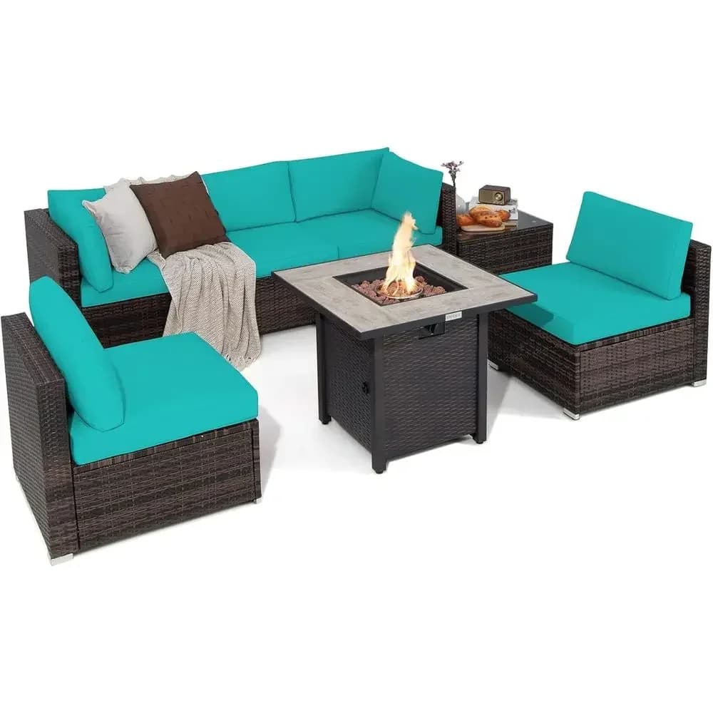 7-Piece Outdoor Wicker Sectional Sofa Set with 30 Propane Fire Pit Table and Waterproof Cover (Turquoise)