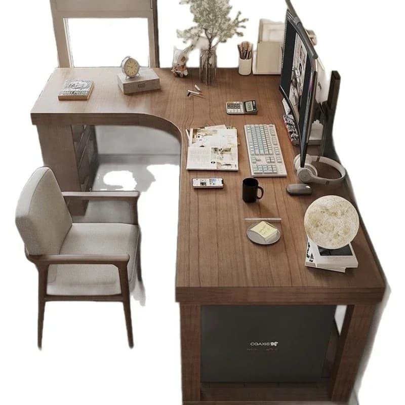 Semplice scrivania ad angolo in legno massello con libreria integrata, ideale per camera da letto o casa, scrivania a 7 caratteri.