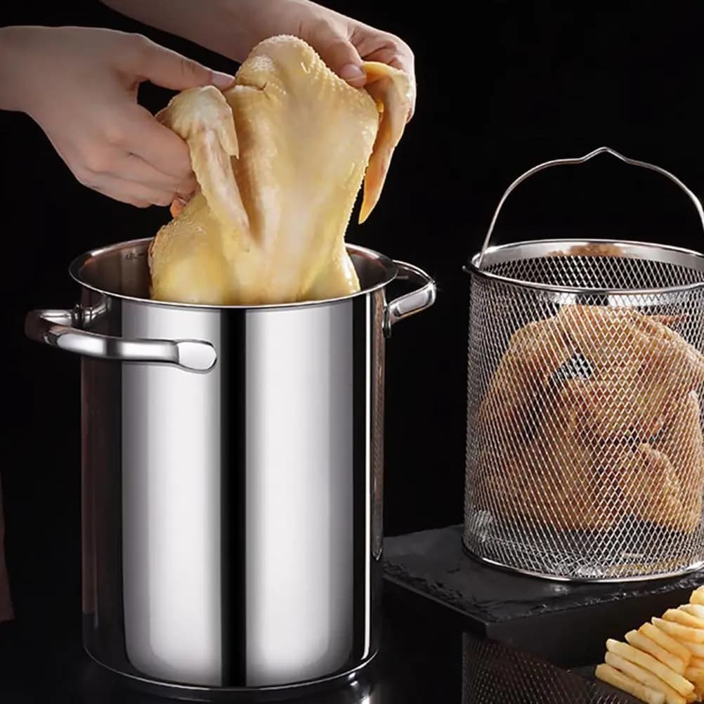 1 set di pentole per frittura profonda in acciaio inossidabile, antiaderenti, con cestello per drenaggio dell'olio, per tempura, uso domestico e cucina.