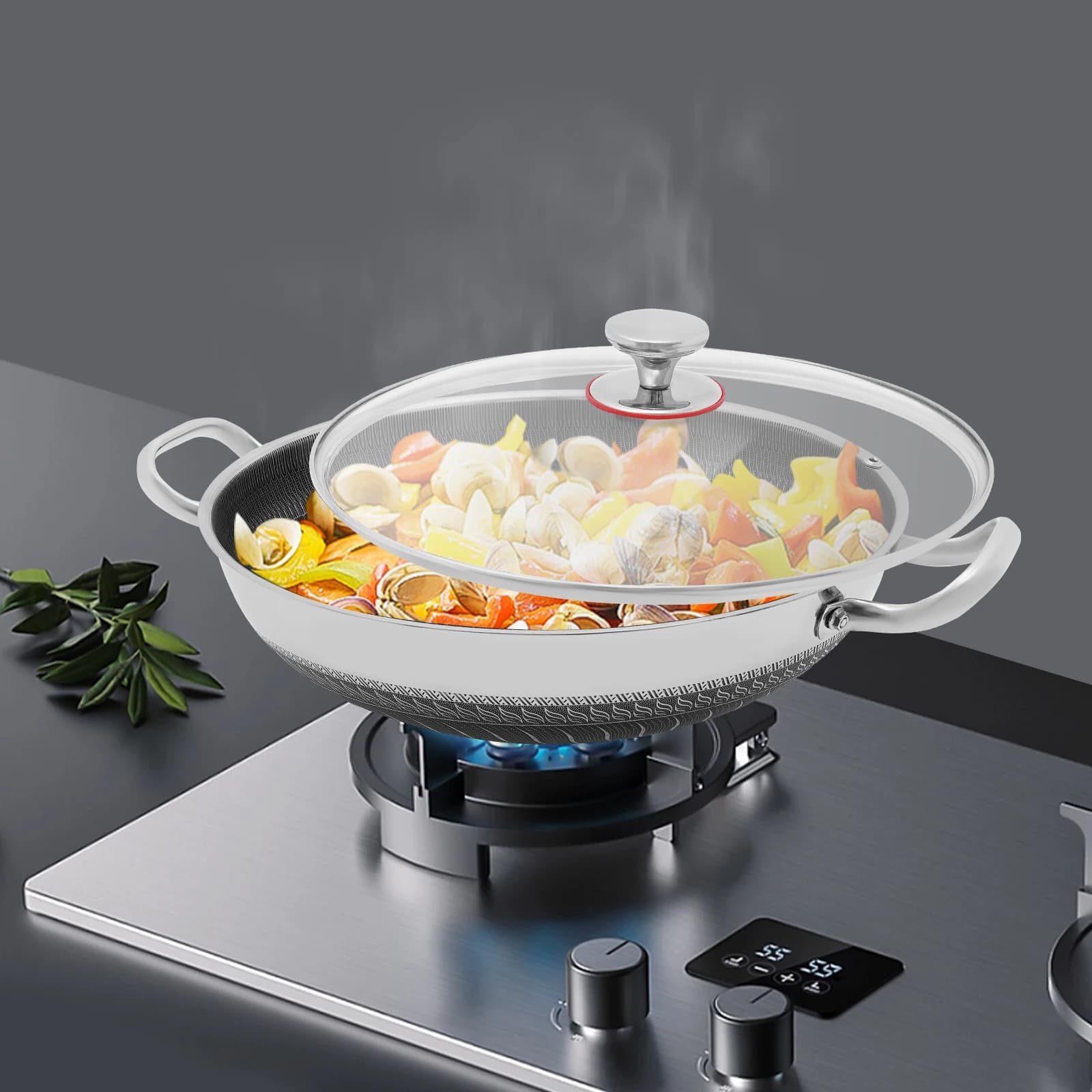 Padella Antiaderente in Acciaio Inox 410 con Coperchio in Vetro Temperato, Riscaldamento Rapido, Pentola Senza Rivetti per Fornelli a Gas e a Induzione, Uso Domestico in Cucina
