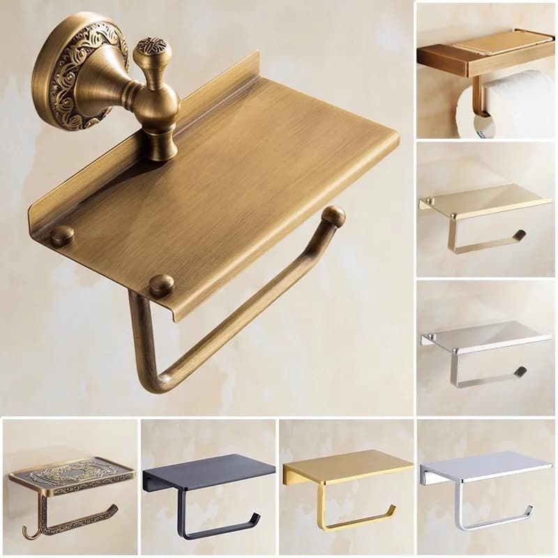 Portarotolo da Bagno in Bronzo Anticato con Mensola, Porta Rotolo di Carta Igienica in Ottone, Porta Asciugamani, Porta Fazzoletti