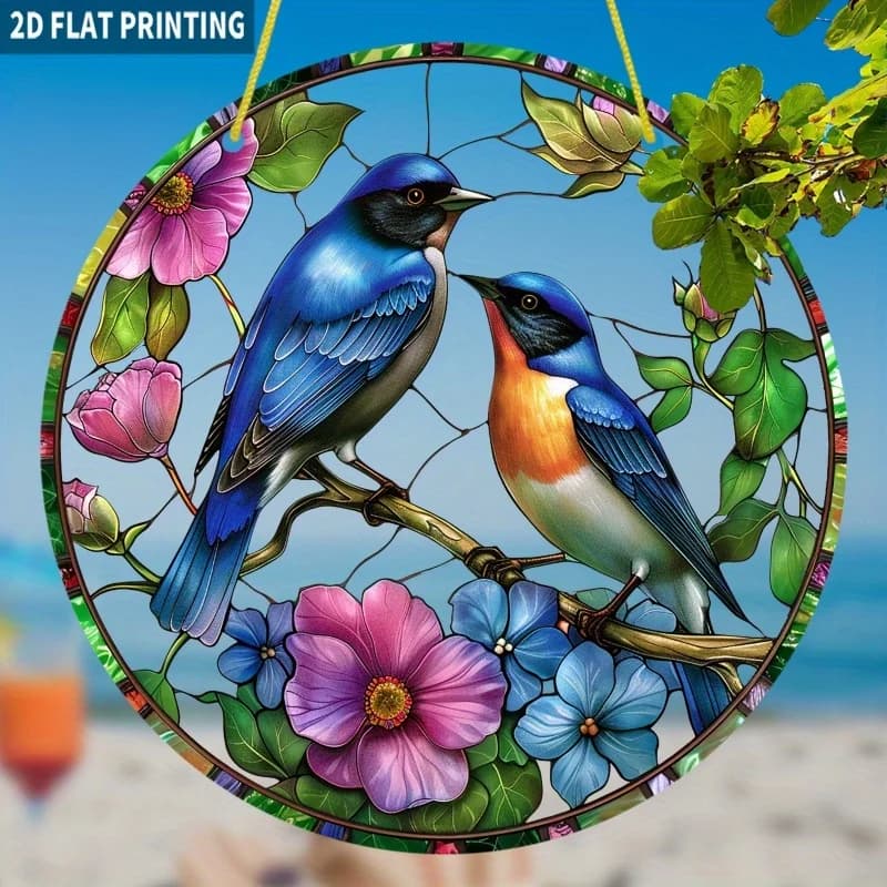 Acrylic Painting Pair of Blue Birds with Pink Flowers Stained Glass Style 2D Flat Round Window Hanging Ornament for Nature Lover